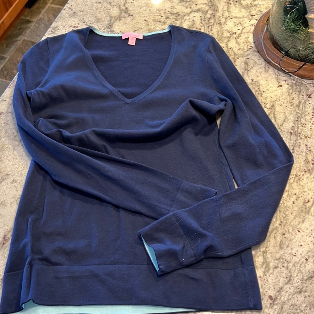 Lilly Pulitzer Navy Cotton Sweater Women’s medium coastal v-neck
